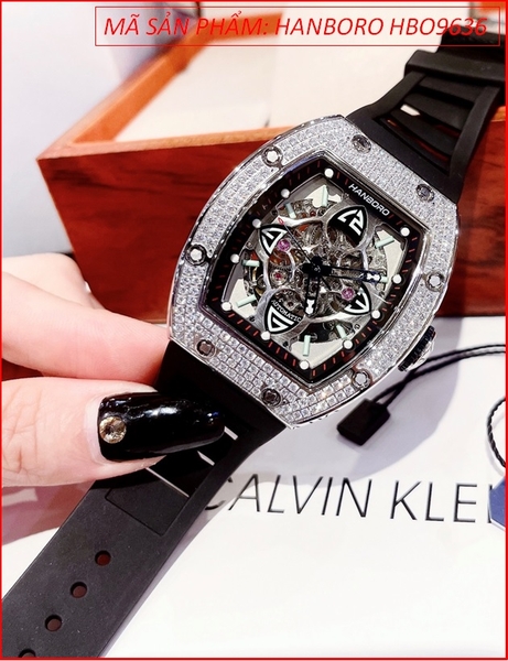Đồng Hồ Nam Hanboro Automatic Mặt Full Đá Silver Dây Silicone Đen