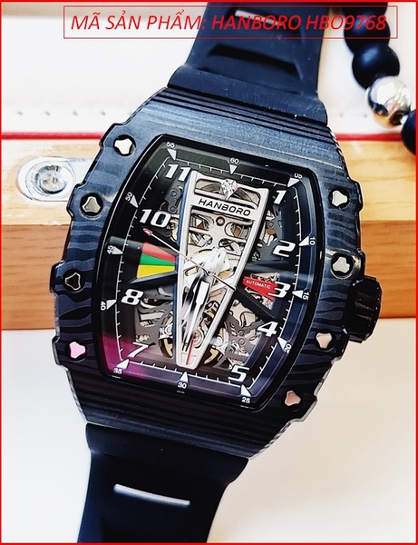 Đồng Hồ Nam Hanboro Automatic Mặt Full Đen Lộ Cơ Dây Silicone