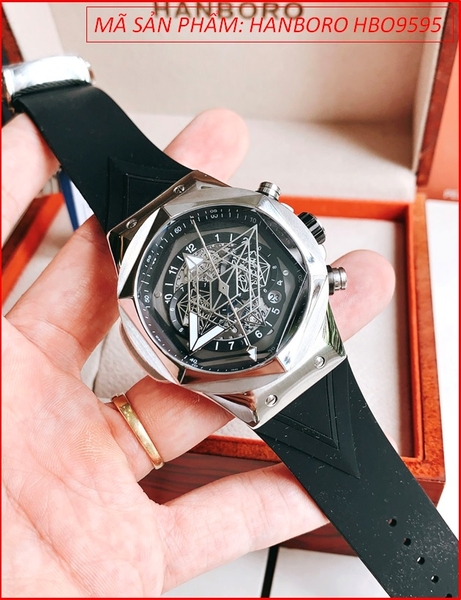 Đồng Hồ Nam Hanboro Automatic Mặt Lục Giác Dây Silicone Đen