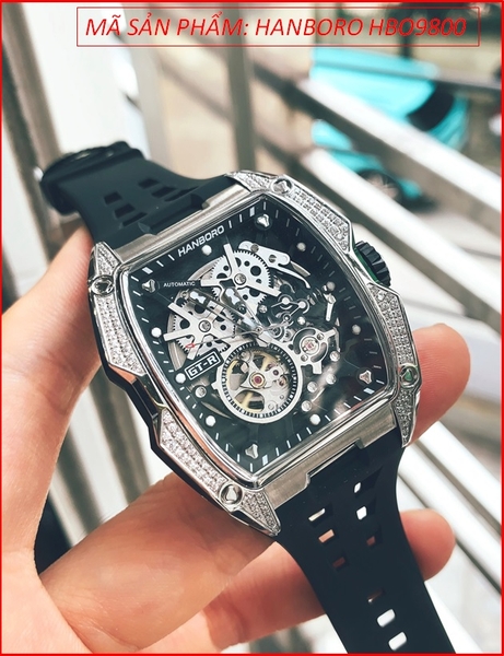 Đồng Hồ Nam Hanboro Automatic Mặt Oval Lộ Máy Dây Silicone