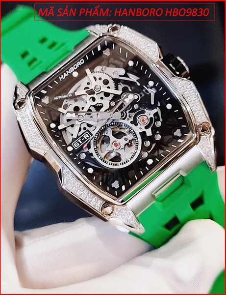 Đồng Hồ Nam Hanboro Automatic Mặt Oval Lộ Máy Dây Silicone Xanh