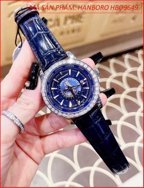 Đồng Hồ Nam Hanboro Automatic Mặt Tròn Xanh Dây Da Xanh