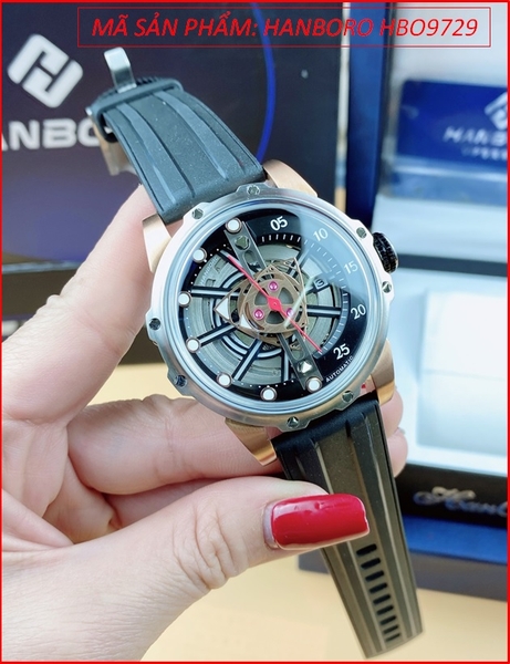 Đồng Hồ Nam Hanboro Automatic Mặt Tròn Demi Rose Gold Dây Silicone Đen