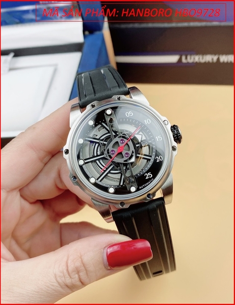 Đồng Hồ Nam Hanboro Automatic Mặt Tròn Silver Dây Silicone Đen