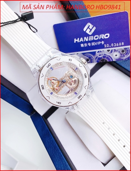 Đồng Hồ Nam Hanboro Automatic Mặt Tròn Lộ Máy Dây Silicone Trắng