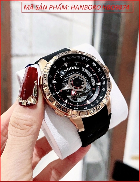 Đồng Hồ Nam Hanboro Automatic Mặt Tròn Đen Dây Silicone Đen