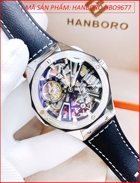 Đồng Hồ Nam Hanboro Automatic Mặt Tròn Lộ Máy Cơ Silver Dây Da