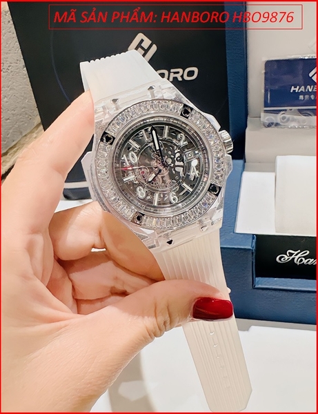 Đồng Hồ Nam Hanboro Automatic Mặt Tròn Đính Đá Dây Silicone Trắng