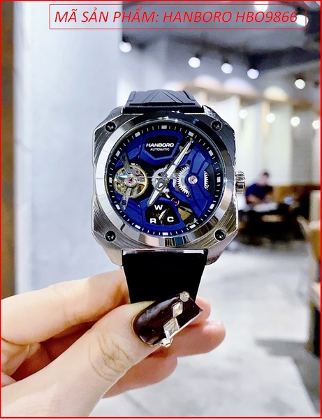 Đồng Hồ Nam Hanboro Automatic Mặt Vuông Xanh Dây Silicone
