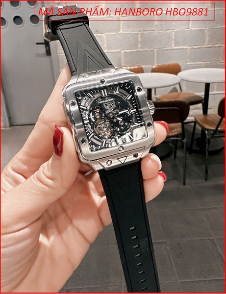 Đồng Hồ Nam Hanboro Automatic Mặt Vuông Dây Silicone Đen