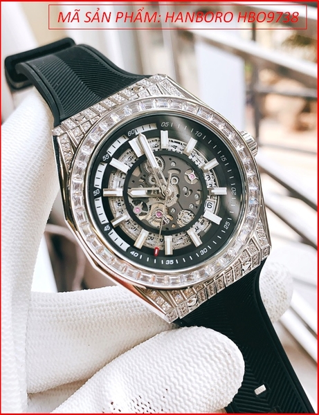Đồng Hồ Nam Hanboro Automatic Tựa Hublot Mặt Đính Đá Dây Silicone