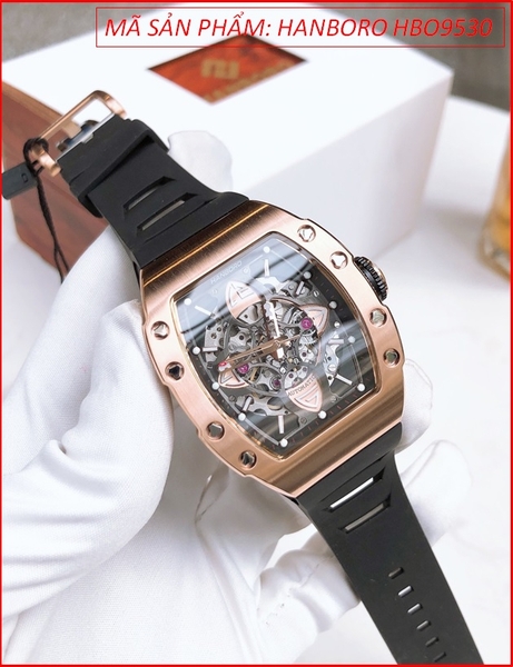Đồng hồ Nam Hanboro Mặt Oval Automatic Rose Gold Dây Cao Su (40x50mm)
