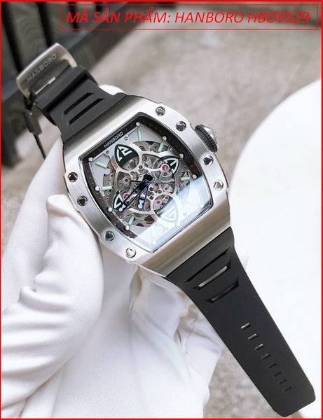 Đồng hồ Nam Hanboro Mặt Oval Automatic Lộ Máy Silver Dây Cao Su