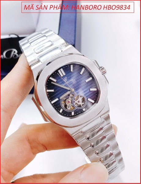 Đồng Hồ Nam Hanboro Tựa Patek Philippe Mặt Vuông Xanh Dây Kim Loại