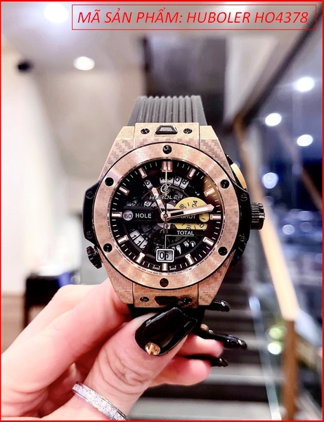 Đồng Hồ Nam Huboler Mặt Thể Thao Rose Gold Dây Silicone Đen
