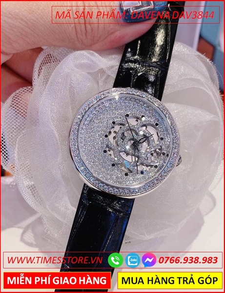 Đồng hồ Nữ Davena Automatic Cơ-Tự Động Dây Da Đen Swarovski