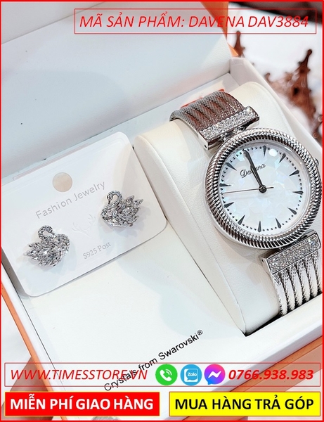 Set Đồng hồ Nữ Davena Kiềng Tay Swarovski Bông Tai Thiên Nga
