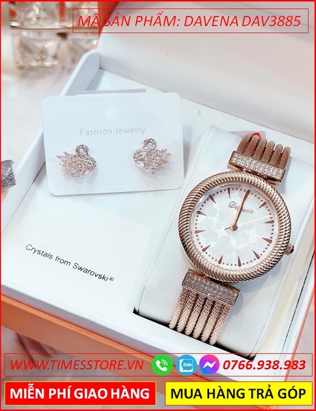 Set Đồng hồ Nữ Davena Kiềng Tay Rose Gold Bông Tai Thiên Nga (36mm)