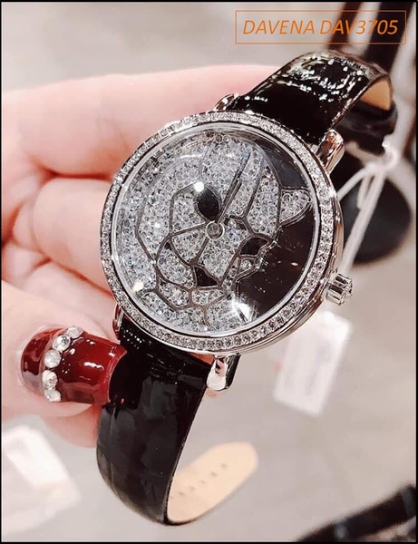 Đồng hồ Nữ Davena Mặt Báo Dây Da Đen Đính Full Đá Swarovski (36mm)