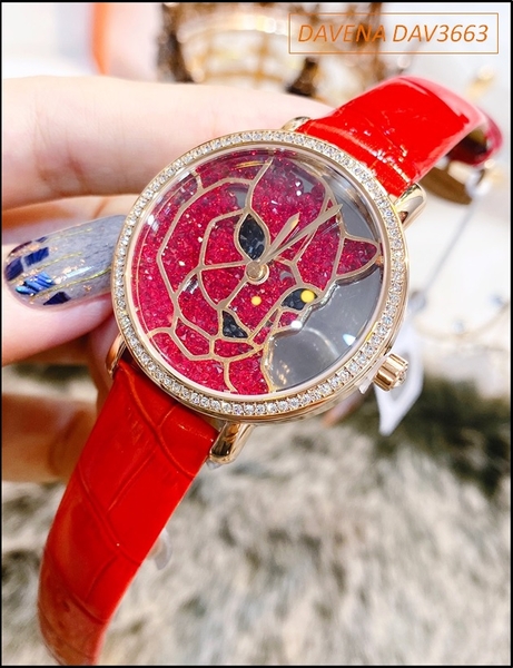 Đồng hồ Nữ Davena Mặt Báo Dây Da Đỏ đính đá Swarovski Rose Gold