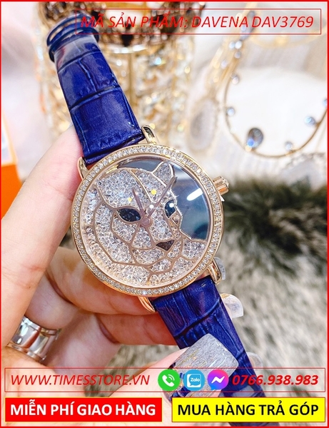 Đồng hồ Nữ Davena Mặt Báo Dây Da Xanh Dương Full Đá Swarovski
