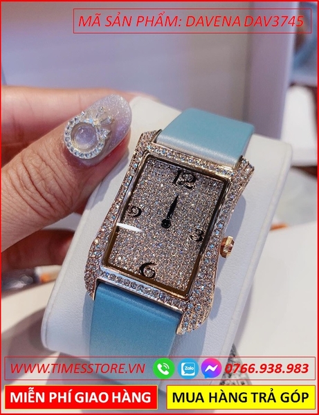 Đồng hồ Nữ Davena Mặt Chữ Nhật Dây Da Màu Xanh Rose Gold