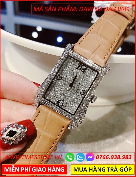 Đồng hồ Nữ Davena Mặt Chữ Nhật Dây Da Nâu Full Đá Swarovski