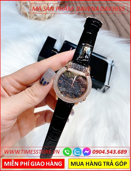 Đồng hồ Nữ Davena Swarovski Dây da Đen mặt Bầu Trời sao