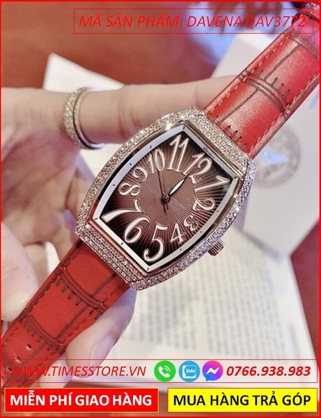 Đồng hồ Nữ Davena Mặt Oval Dây Da Đỏ Swarovski Rose Gold