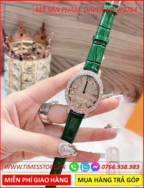Đồng hồ Nữ Davena Mặt Elip Dây Da Xanh Mặt Full Đá Swarovski