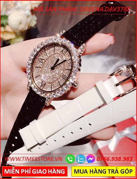 Đồng hồ Nữ Davena Mặt Elip Dây Da Đính Đá Swarovski Rose Gold