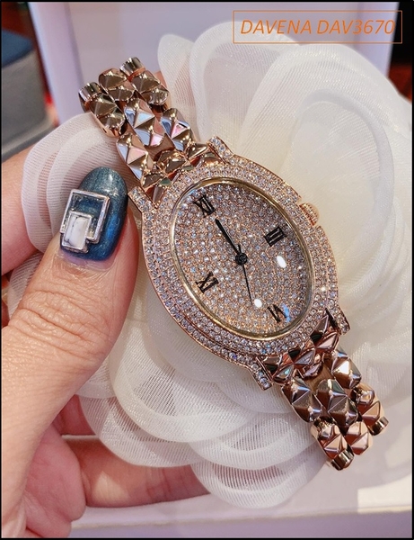 Đồng hồ Nữ Davena Mặt Elip Full Đá Swarovski Rose Gold (30mm)