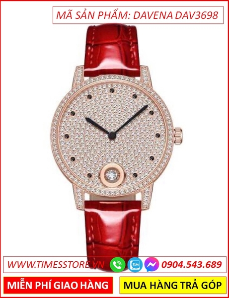 Đồng hồ Nữ Davena Dây Da Đỏ đính đá Swarovski Rose Gold