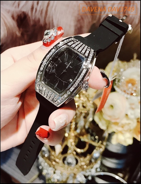 Đồng hồ Nữ Davena Mặt Oval Đen Silicone Full Swarovski Silver (36mm)