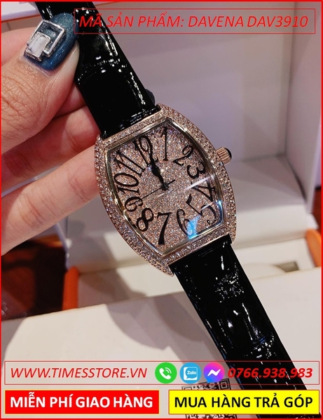 Đồng hồ Nữ Davena Mặt Oval Dây Da Full Đá Swarovski Rose Gold