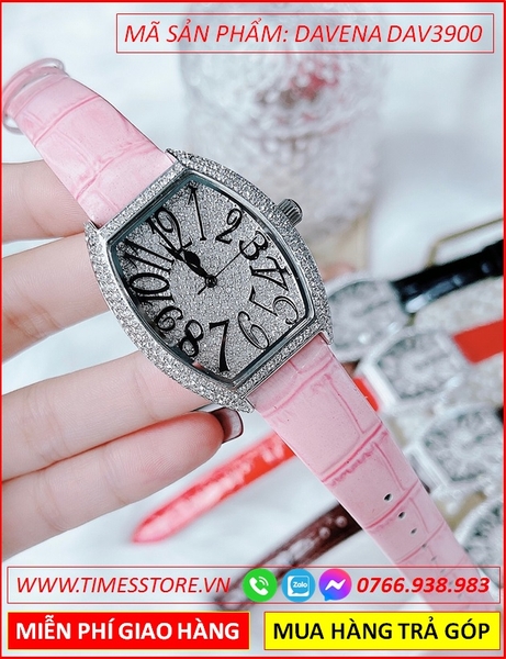 Đồng hồ Nữ Davena Mặt Oval Dây Da Hồng Đá Swarovski Silver