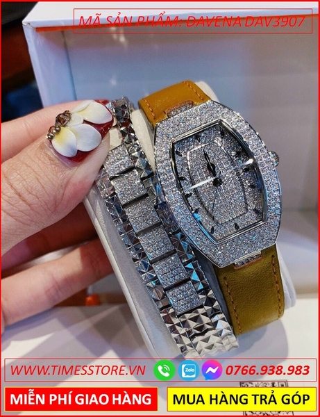 Đồng hồ Nữ Davena Mặt Oval Dây Da Vàng Nâu Full Đá Swarovski
