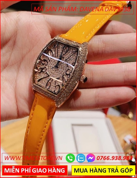 Đồng hồ Nữ Davena Mặt Oval Đính Full Đá Swarovski Dây Da Vàng