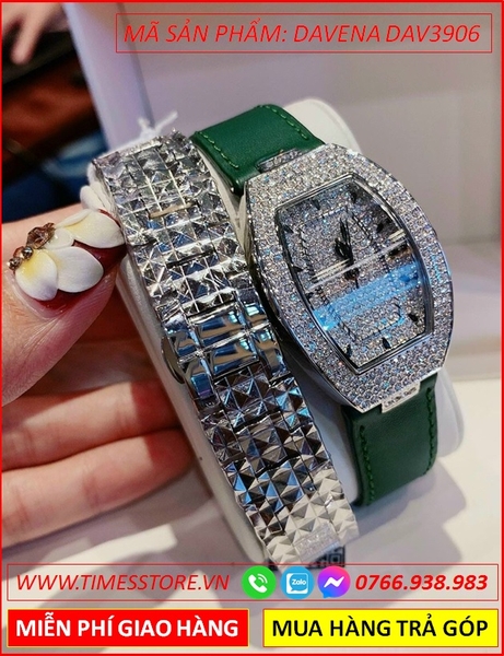 Đồng hồ Nữ Davena Mặt Oval Dây Da Xanh Lá Full Đá Swarovski (36mm)