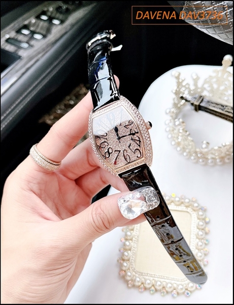 Đồng hồ Nữ Davena Mặt Oval Dây da Đen Swarovski Rose Gold