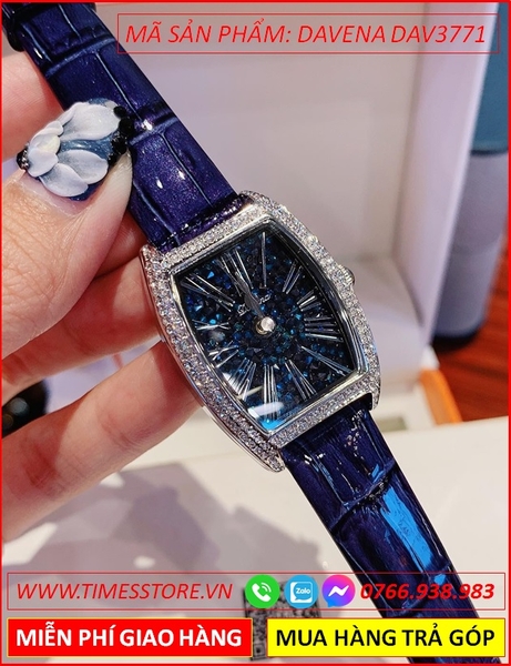 Đồng hồ Nữ Davena Mặt Oval Dây Da Xanh Swarovski Mặt Xanh