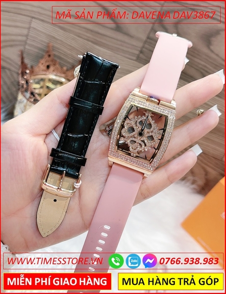 Set Đồng hồ Nữ Davena Mặt Xoay Oval Full Đá Swarovski Rose Gold (36mm)