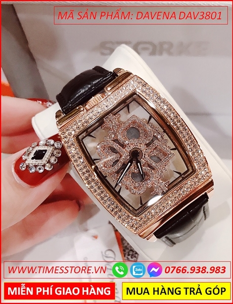 Đồng hồ Nữ Davena Mặt Xoay Mặt Oval Dây Da Đen Swarovski