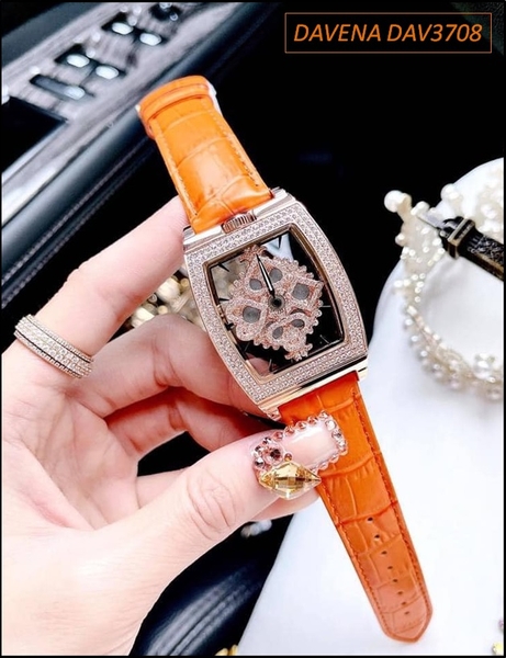 Đồng hồ Nữ Davena Mặt Oval Mặt Xoay Dây Da Cam Swarovski