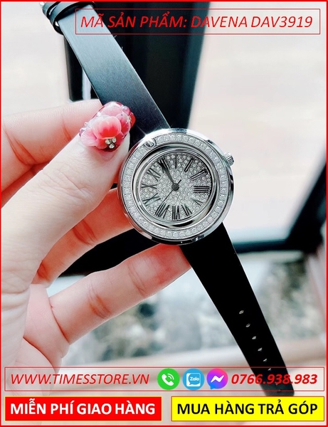 Đồng hồ Nữ Davena Mặt Tròn Nhỏ Dây Da Số La Mã Swarovski