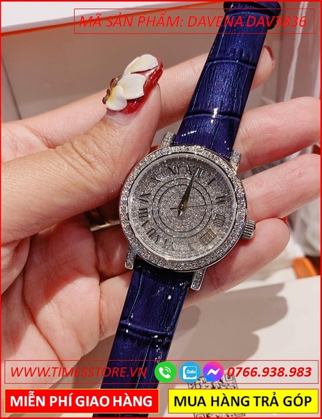 Đồng hồ Nữ Davena Dây Da Xanh Dương Mặt Tròn Đá Swarovski