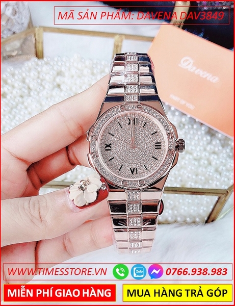 Đồng hồ Nữ Davena Mặt Tròn Đính Full Đá Swarovski Rose Gold