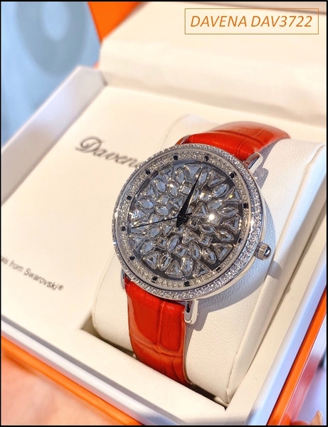 Đồng hồ Nữ Davena Swarovski Dây da Đỏ Mặt Full Pha lê Silver
