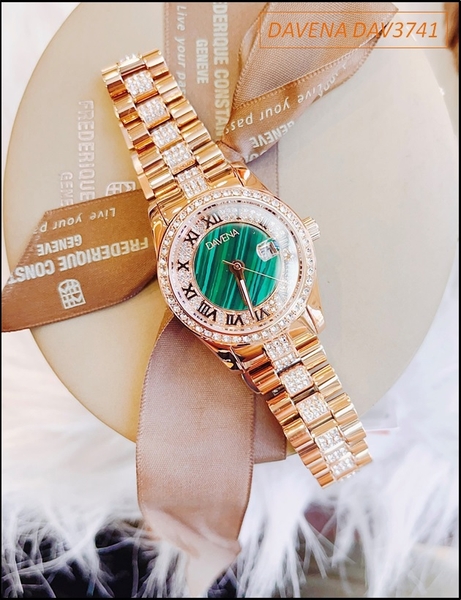 Đồng hồ Nữ Davena Mặt Xanh Số La Mã Full Swarovski Rose Gold