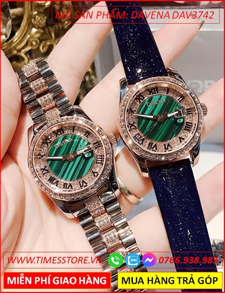 Đồng hồ Nữ Davena số La Mã mặt Xanh Demi Rose Gold Swarovski